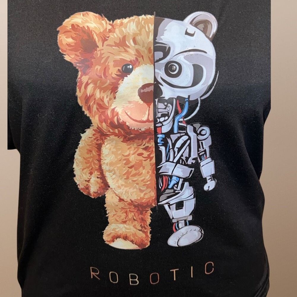 Unisex Black Robotic Bear Graphic T shirt Size M - Picture 2 of 3
